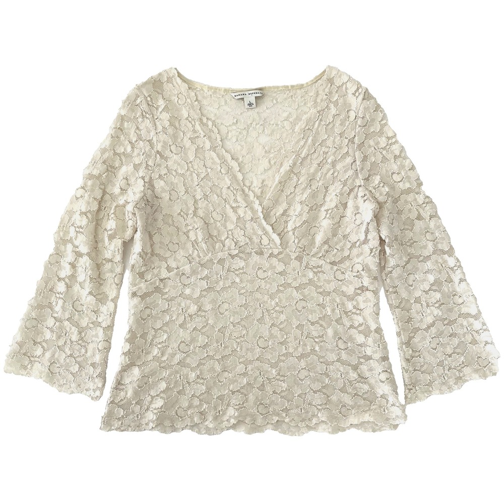 Banana Republic Womens Lace‎ Top L Cream 3/4 Bell Sleeve Scalloped Sleeves & Hem